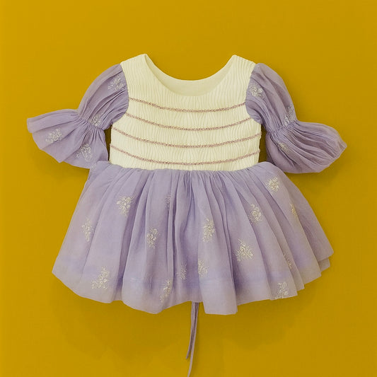 Elegant Baby Girl Net Dresses with Smocked Bodice & Puffy Sleeves