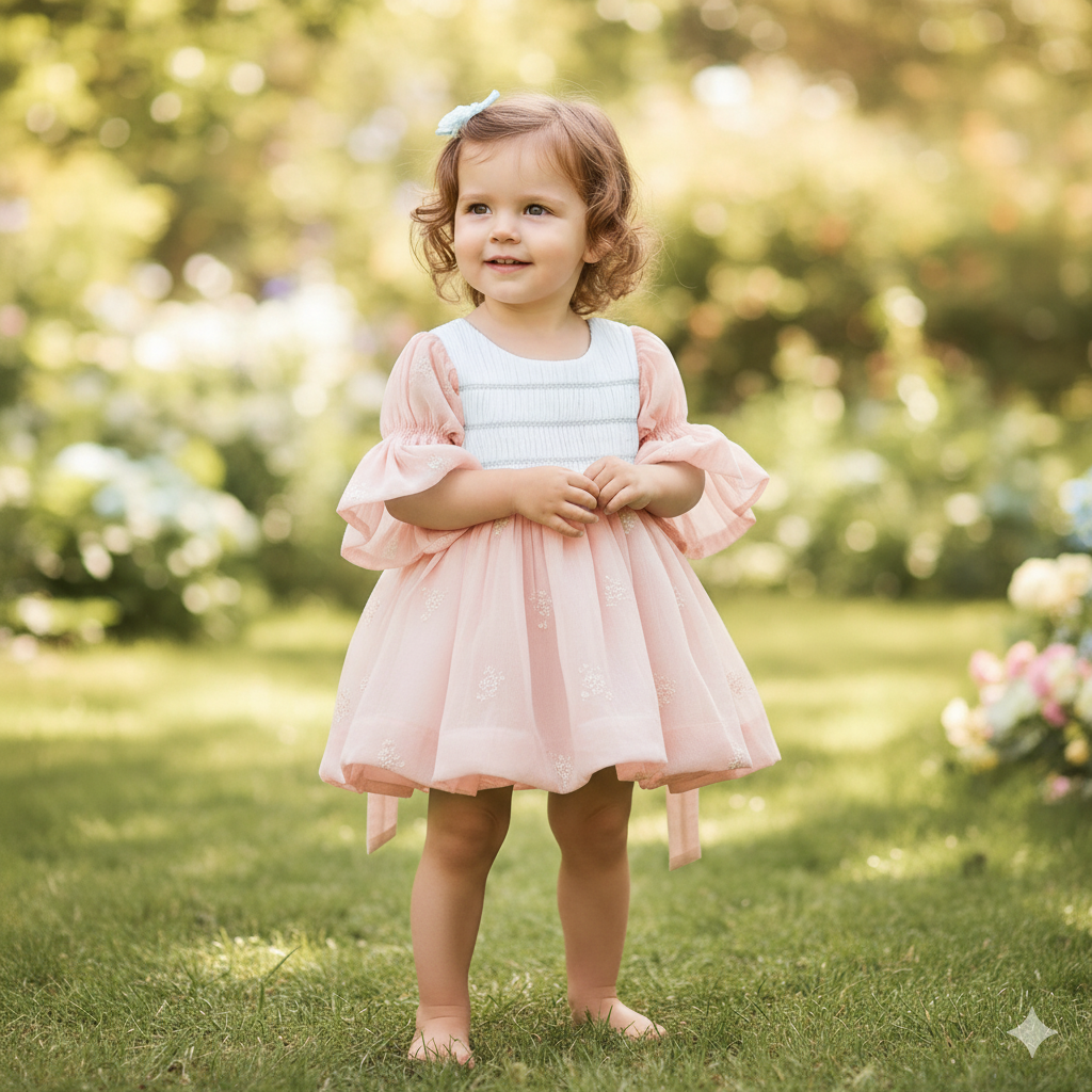Elegant Baby Girl Net Dresses with Smocked Bodice & Puffy Sleeves