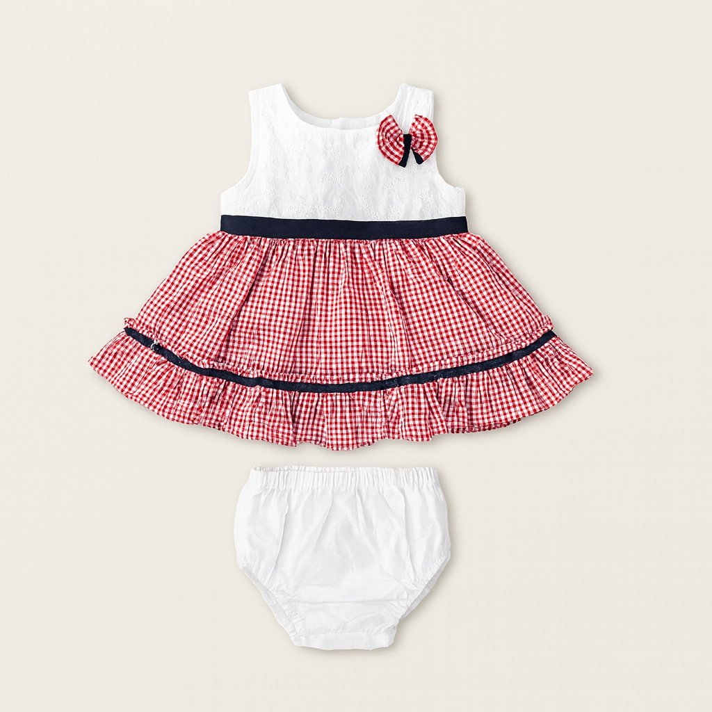 Baby Girls’ Gingham Party Dress Set with Bloomers – Red & Blue Variants - Mamadada