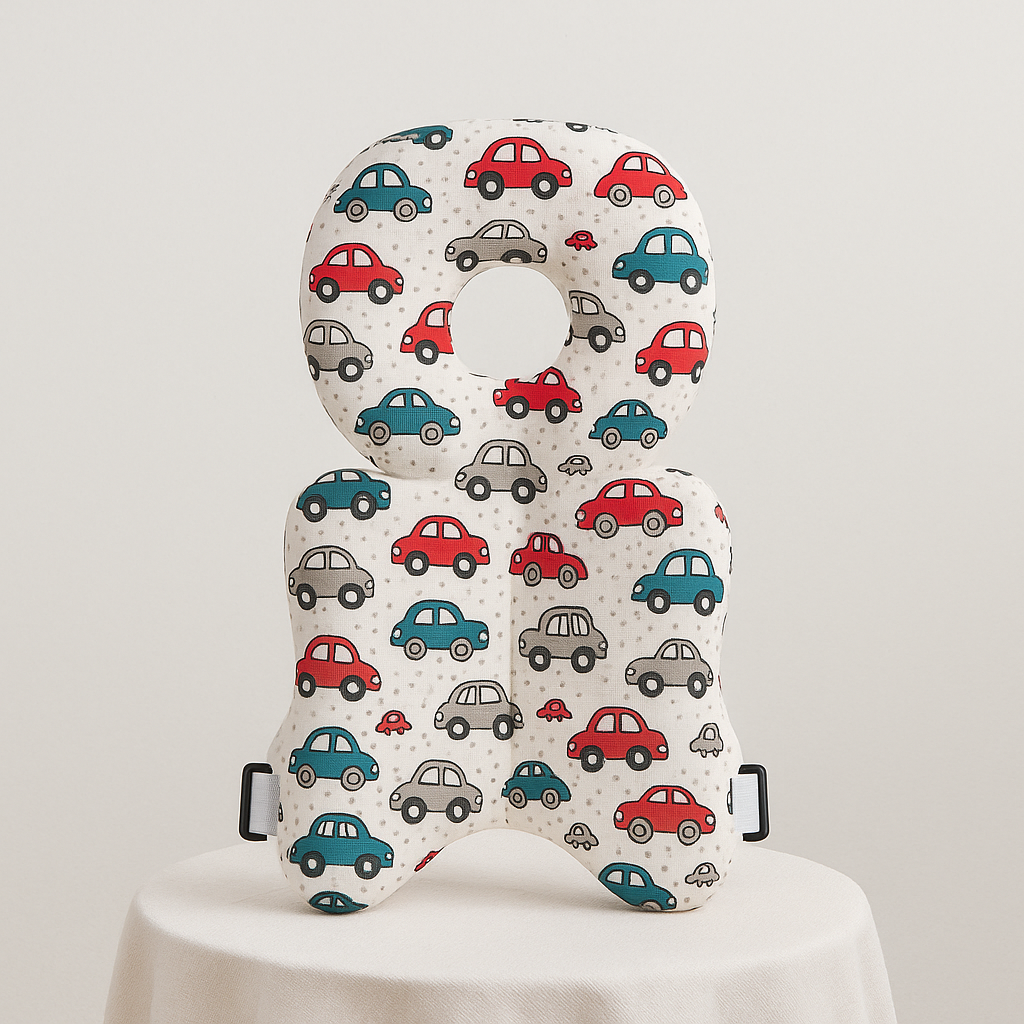Baby head protection pillow with red, blue, and grey car prints
