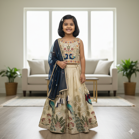 Beige Kids Lehenga with Peacock Embroidery & Blue Dupatta