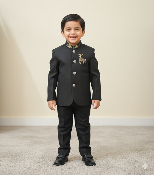 Boys Black Indo Western Suit with Golden Embroidered Collar