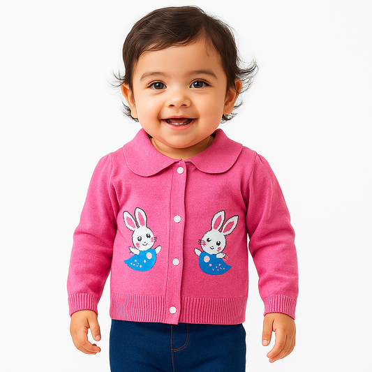 Bunny Pocket Soft Knit Baby Cardigan – Dark Pink