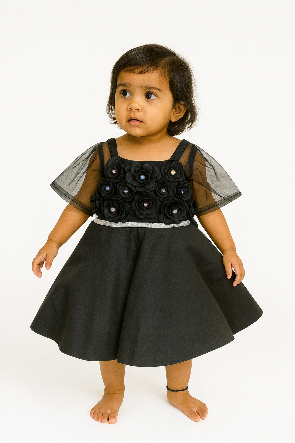 Stylish Baby Girl Frocks with 3D Floral Appliqué & Net Sleeves - Mamadada