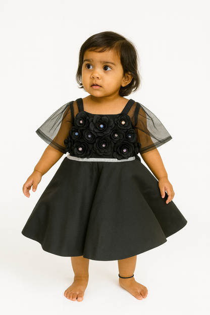 Stylish Baby Girl Frocks with 3D Floral Appliqué & Net Sleeves - Mamadada