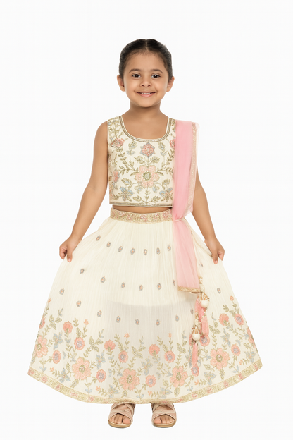White & Pink Floral Embroidered Kids Lehenga Set - Mamadada
