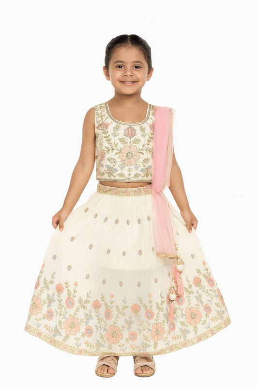 White & Pink Floral Embroidered Kids Lehenga Set - Mamadada