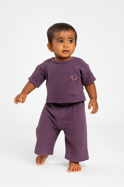 Deep Purple Crinkled Muslin Boat Neck Co-ord Set