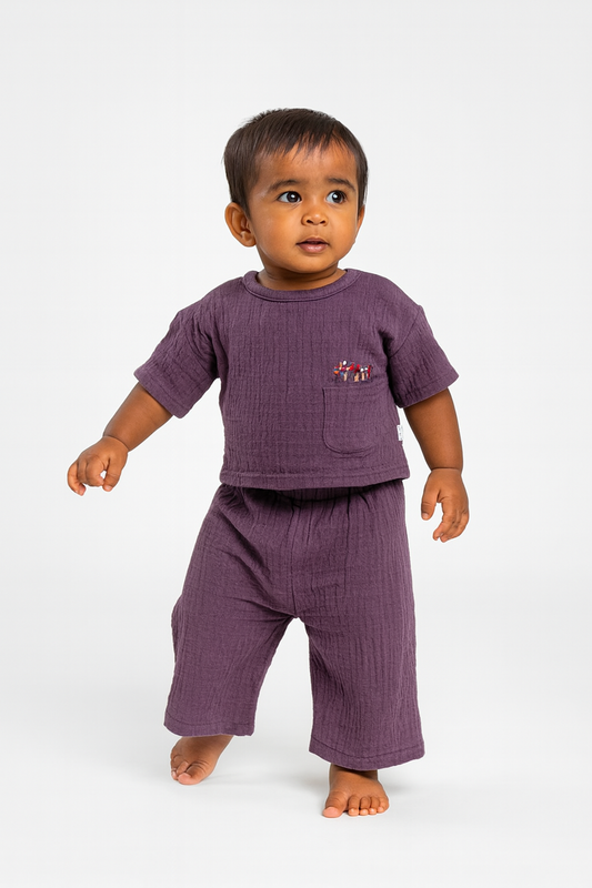 Deep Purple Crinkled Muslin Boat Neck Co-ord Set