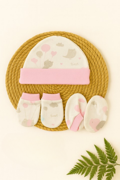 Pink Balloon Bird Newborn Cap, Mittens & Booties Set