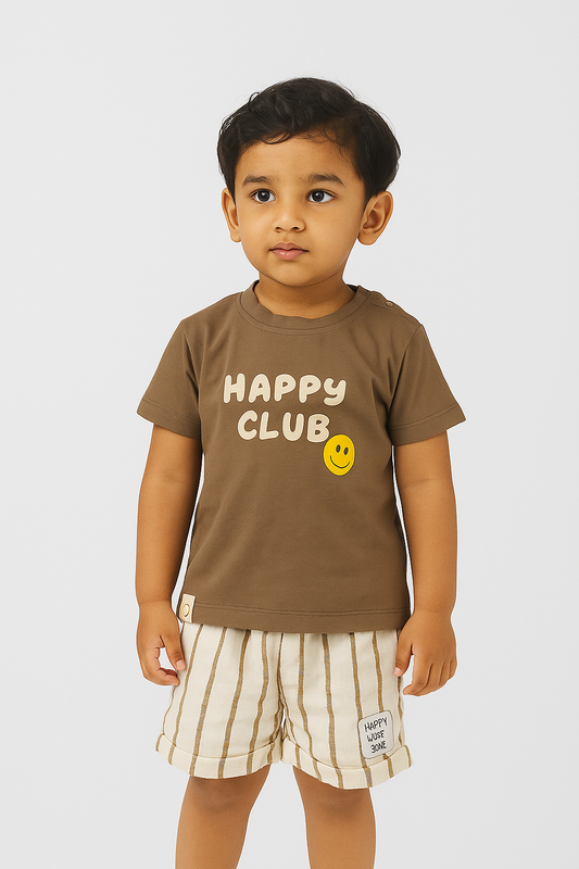 Brown “Happy Club” T-Shirt & Shorts Set