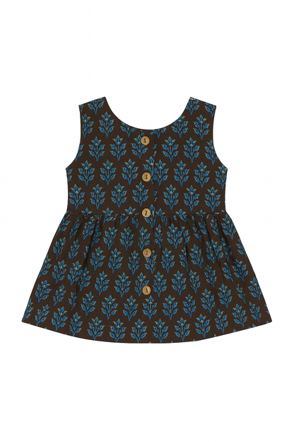 Brown & Blue Floral Cotton Frock