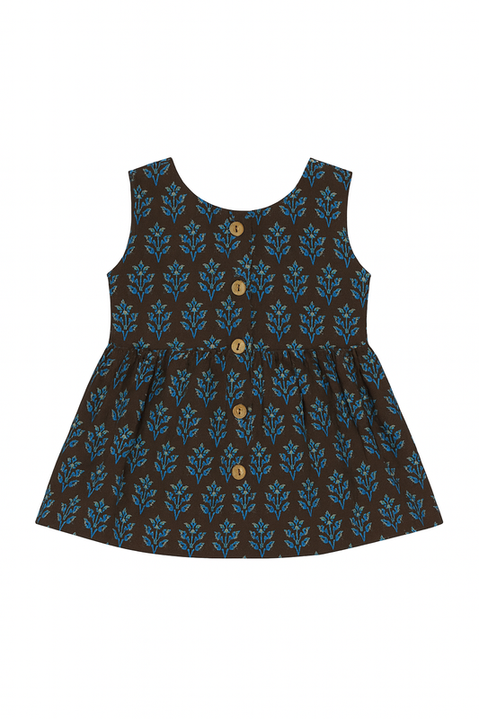 Brown & Blue Floral Cotton Frock