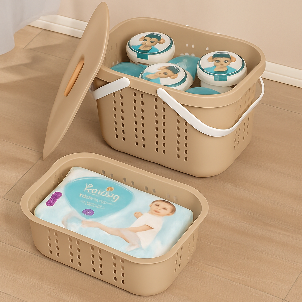 Beige Storage Basket with Lid & Handles