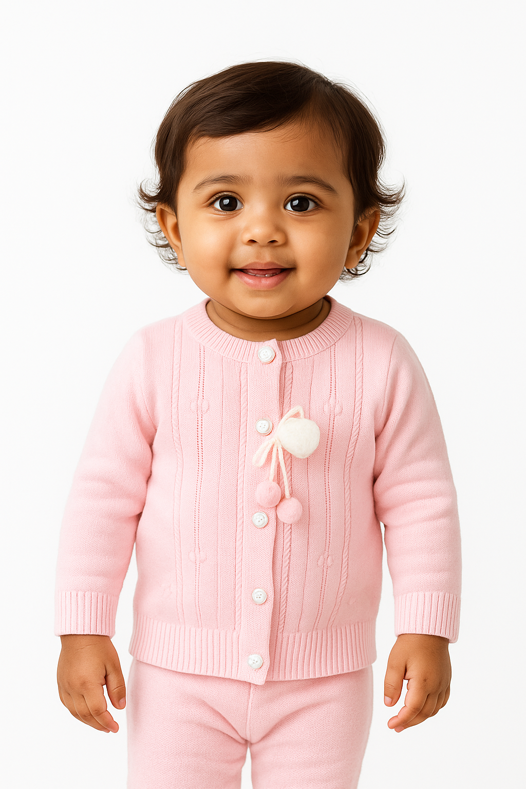 Pom-Pom Bow Cable Knit Cardigan