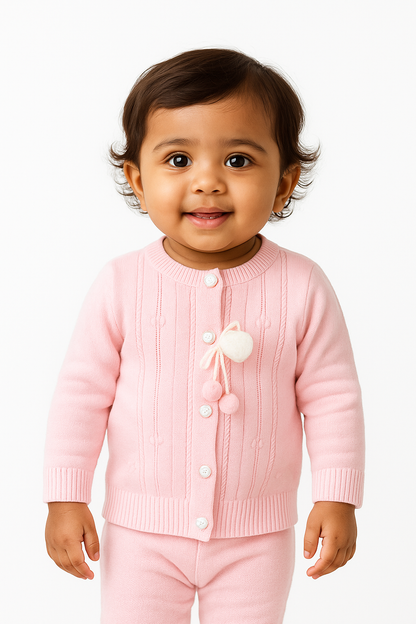 Pom-Pom Bow Cable Knit Cardigan