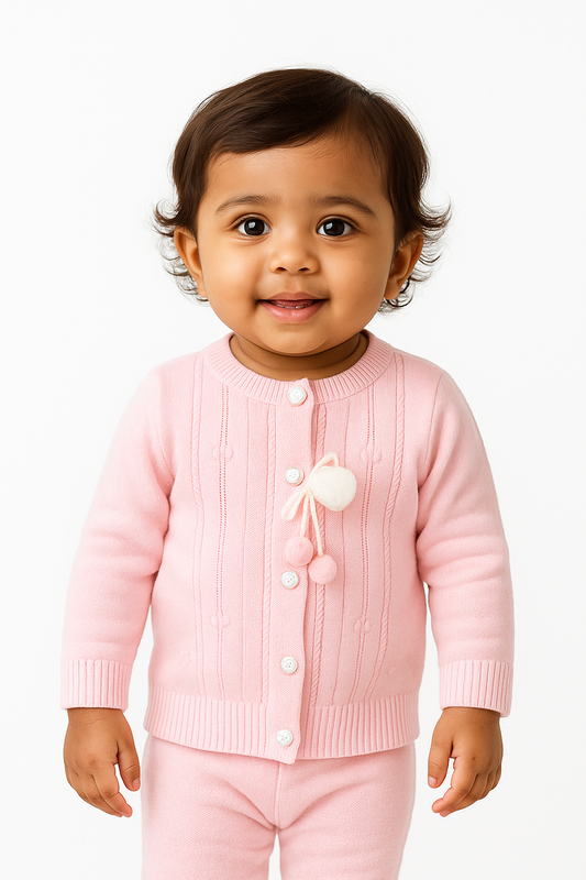 Pom-Pom Bow Cable Knit Cardigan