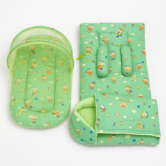 3-in-1 baby bedding set with net, bolster bed, and carry nest – green cartoon print