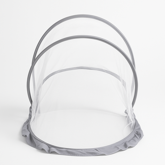 Foldable grey baby bed mosquito net canopy with breathable fine mesh for insect protection
