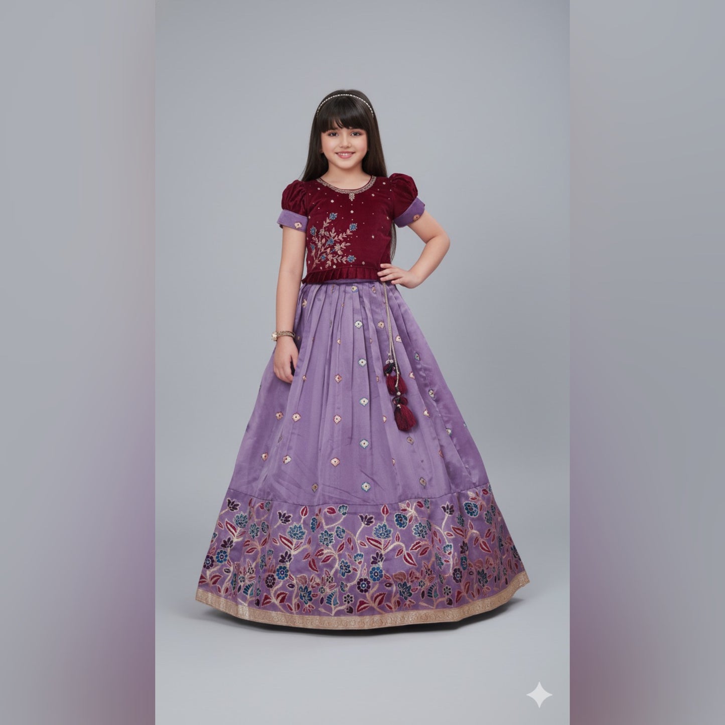 Maroon Embroidered Blouse with Lavender Silk Lehenga - Mamadada
