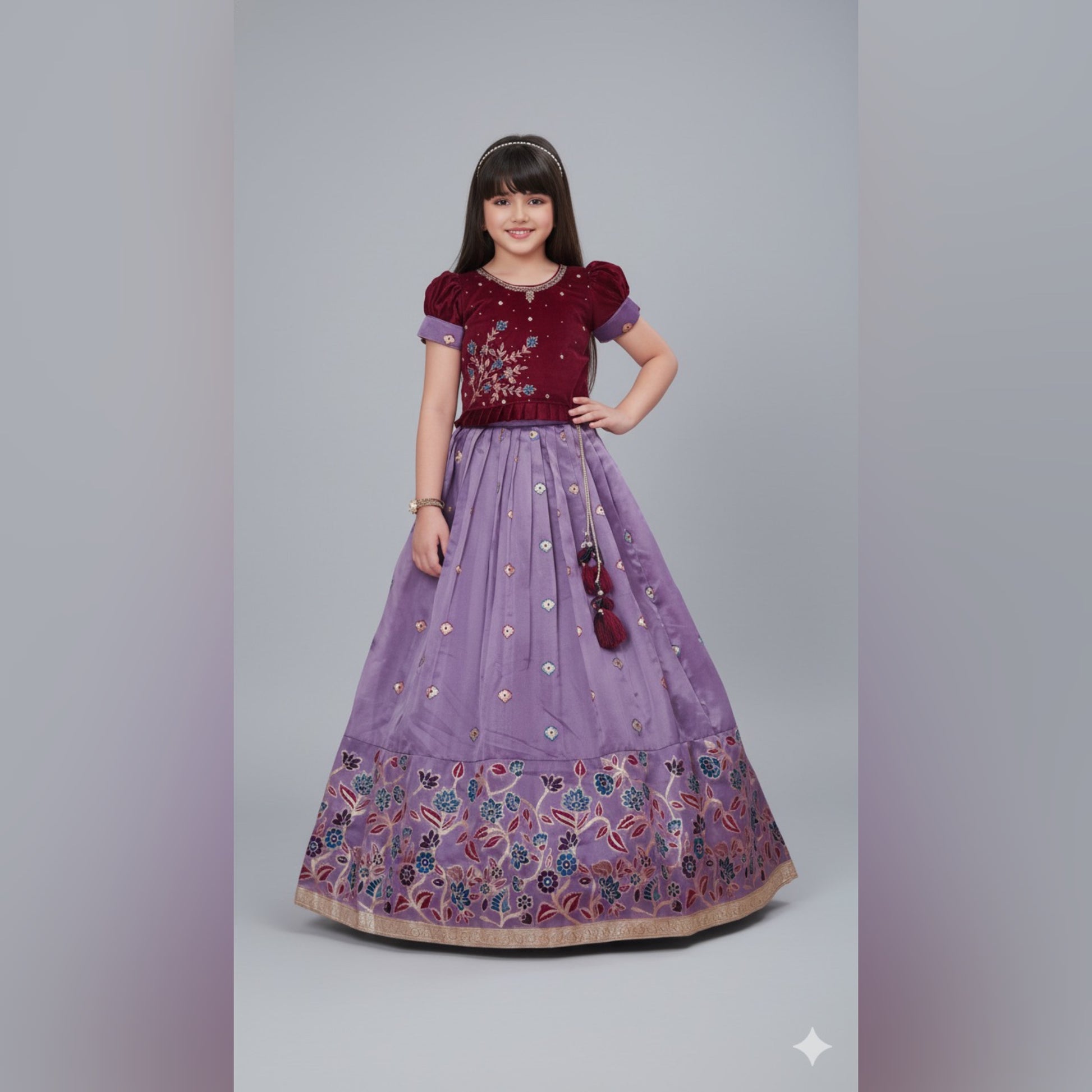 Maroon Embroidered Blouse with Lavender Silk Lehenga - Mamadada