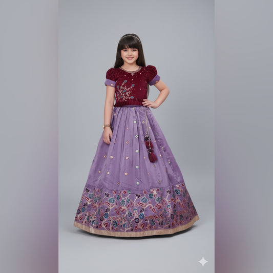Maroon Embroidered Blouse with Lavender Silk Lehenga - Mamadada