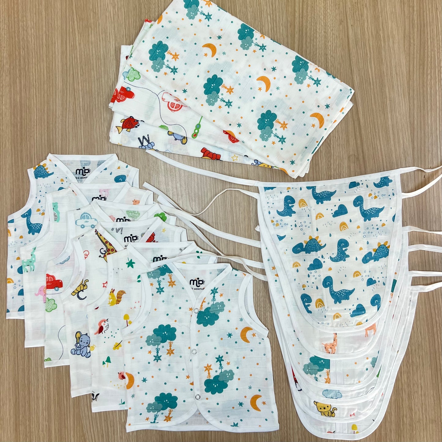 Muslin Baby Essentials Combo – 6 Jabla, 3 Towels/Swaddles & 6 Nappies