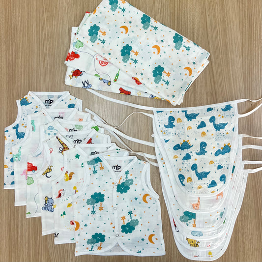 Muslin Baby Essentials Combo – 6 Jabla, 3 Towels/Swaddles & 6 Nappies