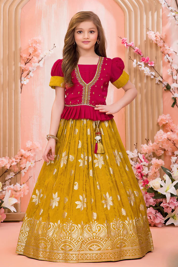 Mustard Banarasi Floral Lehenga with Red Blouse - Mamadada