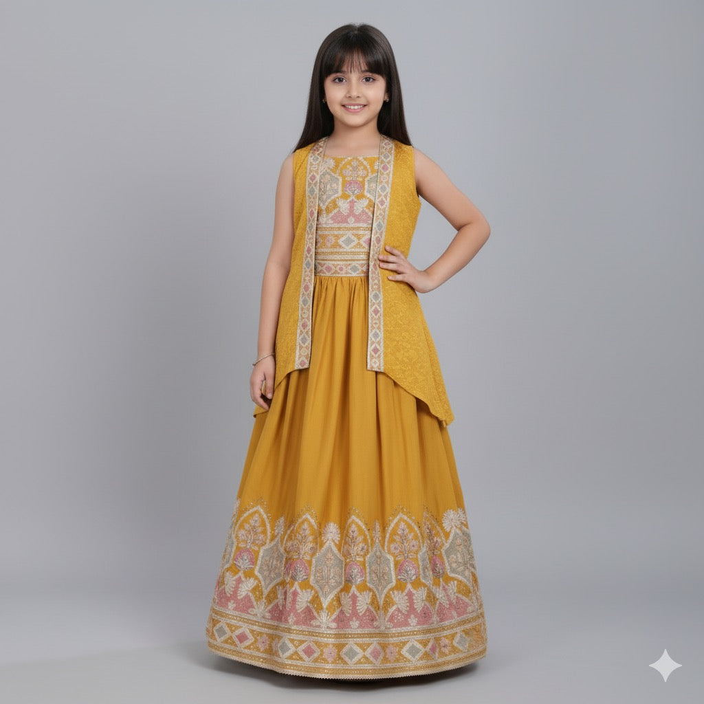 Mustard Long Gown with Embroidered Ethnic Jacket - Mamadada