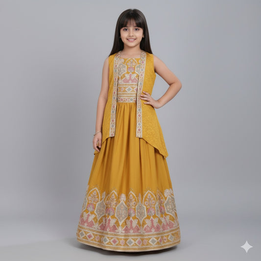 Mustard Long Gown with Embroidered Ethnic Jacket - Mamadada