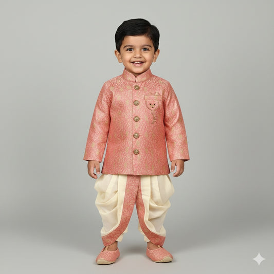 Peach Brocade Sherwani Set with Pearl Mala & Mojaris for Boys - Mamadada