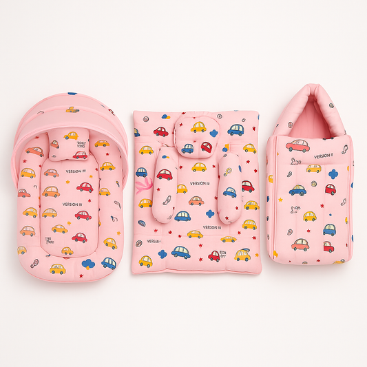 3-in-1 baby bedding combo set with mosquito net, play mat and carry nest in pink car print
