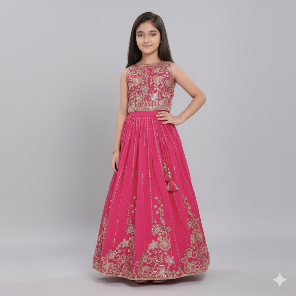 Pink Sequin Embroidered Lehenga Set for Girls - Mamadada