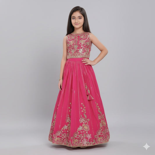 Pink Sequin Embroidered Lehenga Set for Girls - Mamadada
