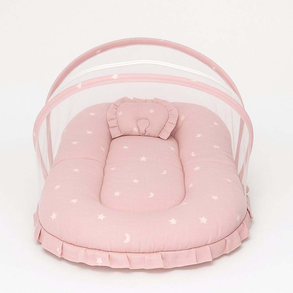  Pink baby bed with star and moon print, pillow, and foldable mosquito net canopy