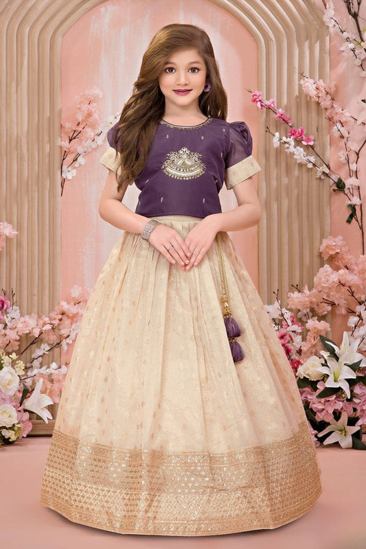 Purple Embroidered Blouse with Beige Silk Gown - Mamadada