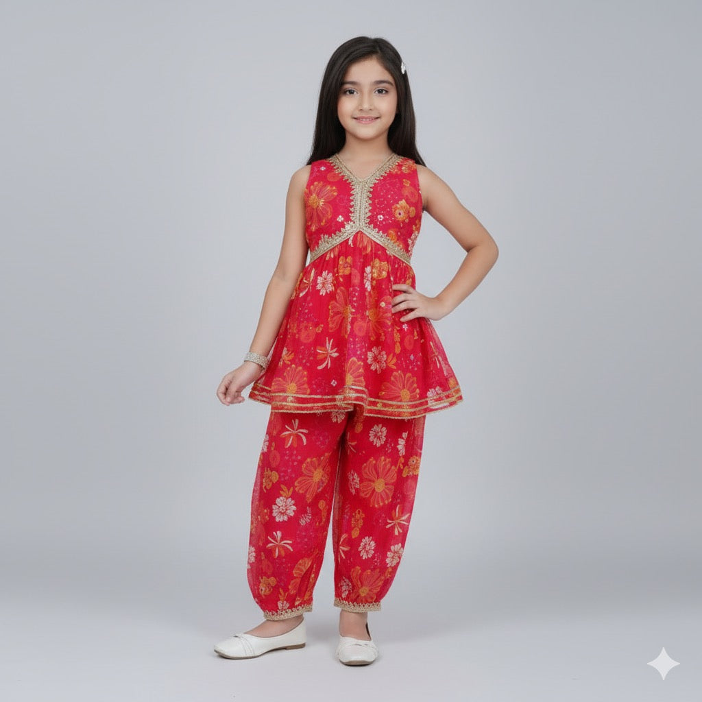 Red Floral Printed Kurta with Gold Lace Detailing - Mamadada