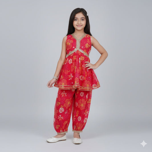 Red Floral Printed Kurta with Gold Lace Detailing - Mamadada