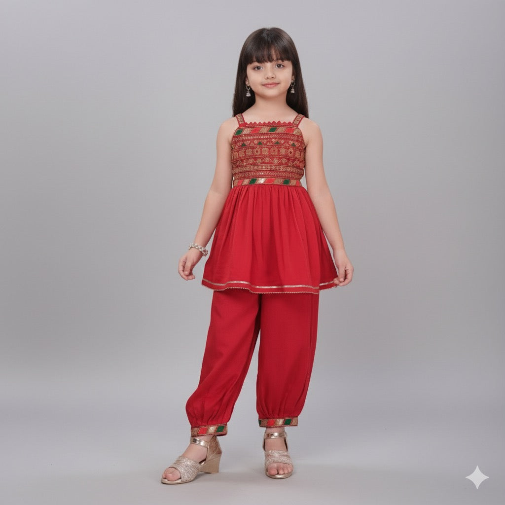 Red Mirror Work Peplum Kurta with Salwar Pants - Mamadada