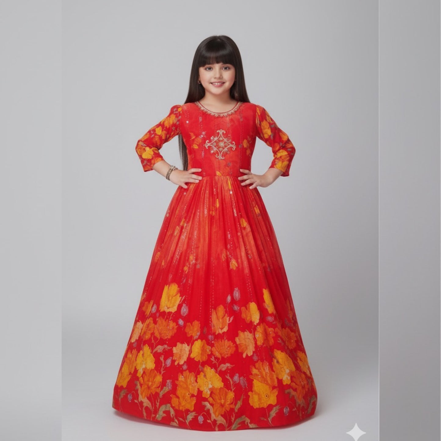 Red & Orange Floral Printed Gown for Girls - Mamadada