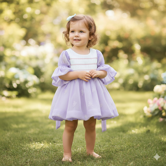Elegant Baby Girl Net Dresses with Smocked Bodice & Puffy Sleeves