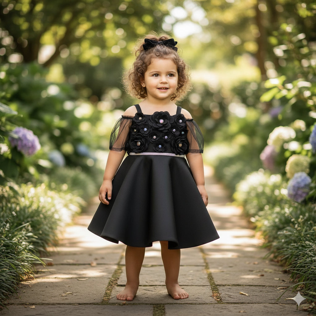 Stylish Baby Girl Frocks with 3D Floral Appliqué & Net Sleeves