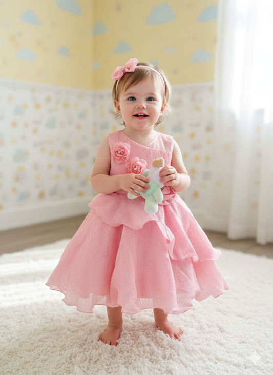 Baby Pink Layered Party Frock with Floral Appliqué