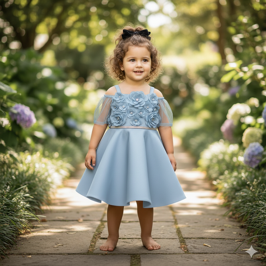 Stylish Baby Girl Frocks with 3D Floral Appliqué & Net Sleeves