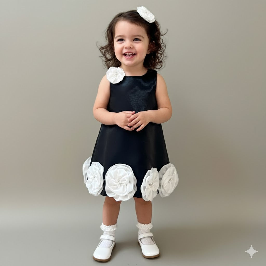 Black Satin Dress for Girls with White Flower Embellishments - Mamadada