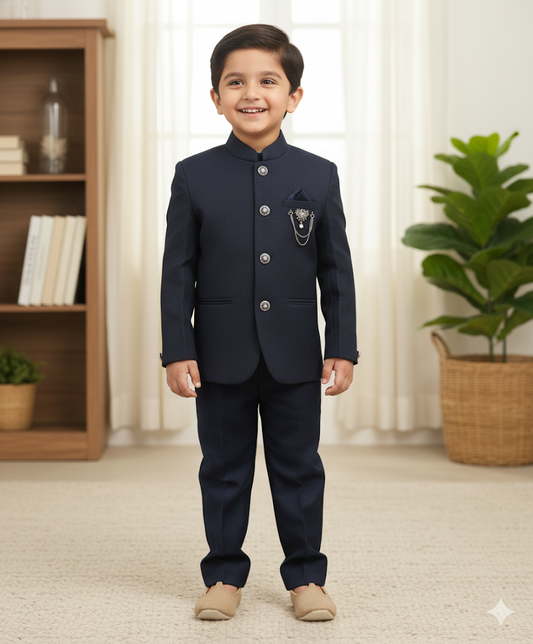 Boys Navy Blue Indo Western Ethnic Suit with Brooch