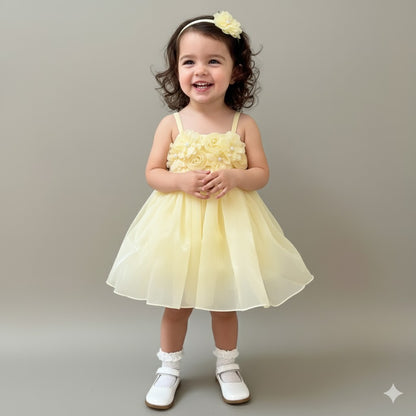 Yellow Organza Dress for Girls with Floral Detailing - Mamadada