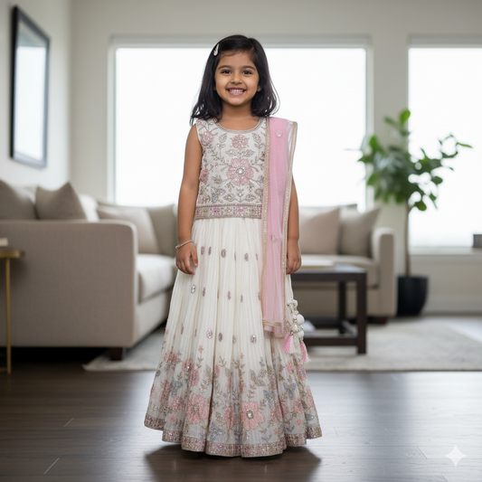 White & Pink Floral Embroidered Kids Lehenga Set