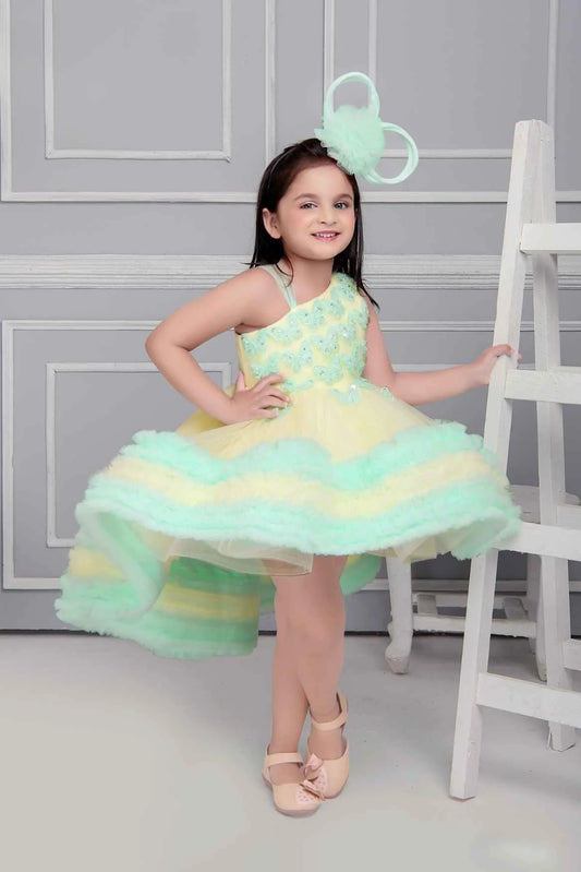 Girls Yellow & Mint Green Layered Party Frock